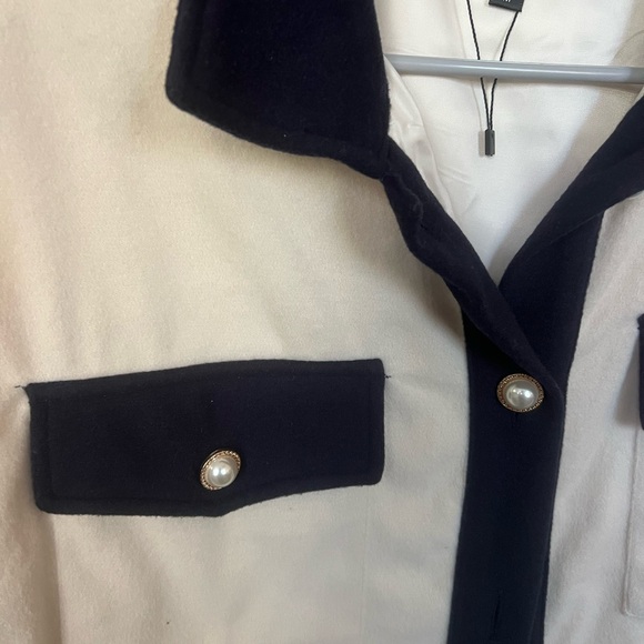 Shein Navy and Cream Women's Jacket with Faux Pearl Buttons - Picture 2 of 2